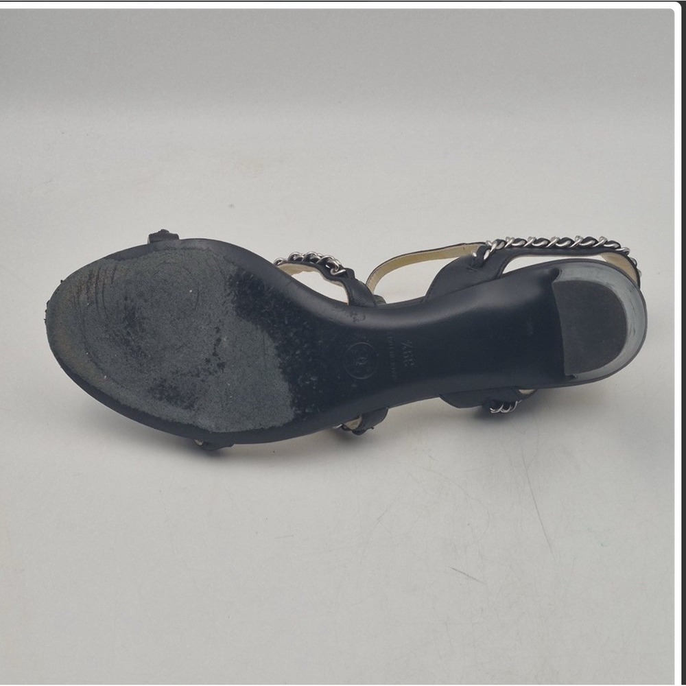 CHANEL Black Chain T-Strap Sandal Heels 39.5 8.5 Silver CC Block - Picture 5 of 12